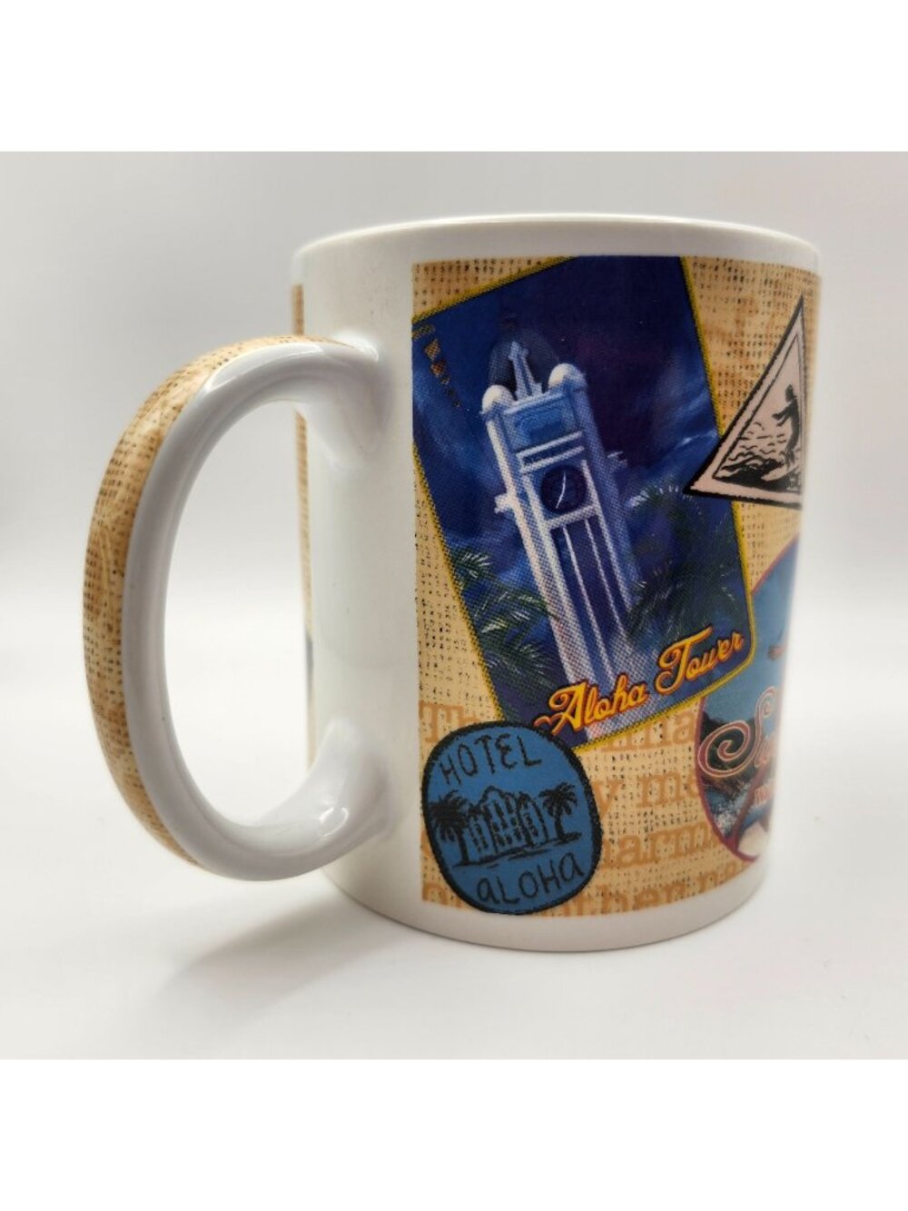ABC Stores Vintage Hawaii Travel Labels Themed Ceramic Mug 12oz Hula Girl Surfin